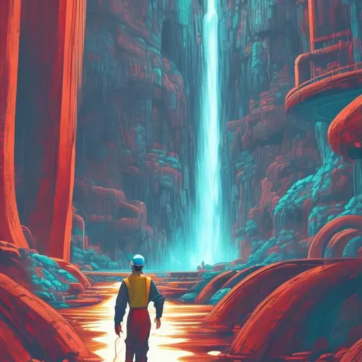 Prompt: retro futurism styled factory worker walking up to a giant waterfall, Comic style, heavily detailed, concept art, unique universe, Primary color hues, magical world, bright uplifting tones, dynamic lighting