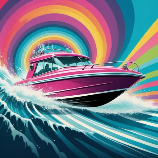 Prompt: Full color illustration, a speed boat splashing a psychedelic wave, in the style of 60s kitsch and psychedelia, sharp lighting, highest quality, ultra sharp, ffffound, ultra detailed, magical universe, Dynamic pose, bright and uplifting color hues, misc-geometric