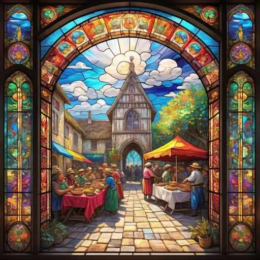 Prompt: stained glass, Monet style, an aztec bountiful feast in a village square, vibrant face, villagers around, dynamic pose,  ultra detailed, stained glass, 4 k, magical world, primary color hues, bright uplifting tones, dynamic lighting, misc-nostalgic, fluffy clouds, professional, ultra detailed