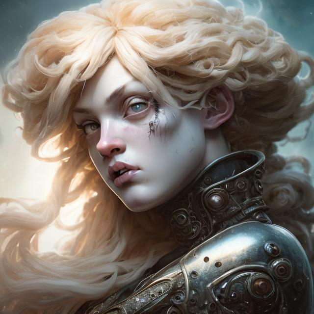 Prompt: A giant blonde wig towering above ontop of a womans head, heavily detailed hair, black eyes, dynamic pose, misc-goth, very detailed, elegant, ornate, ultra detailed, misc-grunge,  32k, fantasy art, Still-Life, Warm Color Palette,  Glowing, Rays of Shimmering Light, Moody Lighting