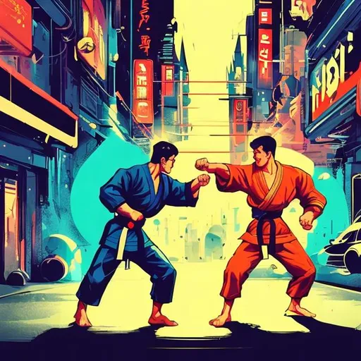 Prompt: retro futurism styled martial artist bowing during a street duel, dynamic pose, Comic style, heavily detailed, concept art, unique universe, Primary color hues, magical world, bright uplifting tones, dynamic lighting
