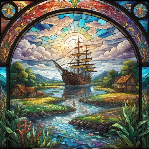 Prompt: stained glass, Monet style, an aztec kraken splashing in a farmland stream, vibrant face, villagers around, dynamic pose,  ultra detailed, stained glass, 4 k, magical world, primary color hues, bright uplifting tones, dynamic lighting, misc-nostalgic, fluffy clouds, professional, ultra detailed