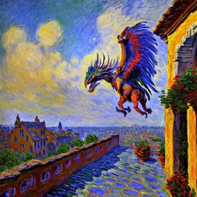 Prompt: Monet style painting of an aztec chimera landing on a cobblestone wooden balcony, dynamic pose, ultra detailed, magical world, primary color hues, bright uplifting tones, dynamic lighting, misc-nostalgic, monet styled, fluffy clouds, professional, ultra detailed