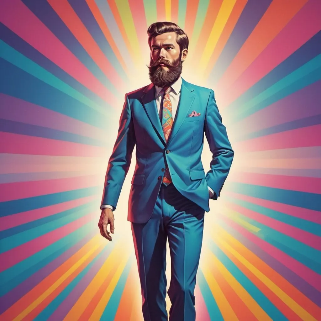 Prompt: Full color illustration, A bearded man in a suit, in the style of 60s kitsch and psychedelia, full body, sharp lighting, highest quality, ultra sharp, ffffound, ultra detailed, magical universe, Dynamic pose, bright and uplifting color hues, misc-geometric