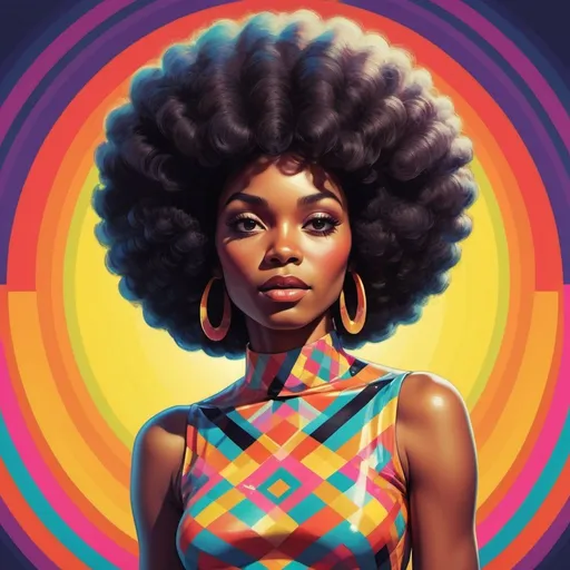 Prompt: Full color illustration, A ebony woman with a small afro, in the style of 60s kitsch and psychedelia, full body sharp lighting, highest quality, ultra sharp, ffffound, ultra detailed, magical universe, Dynamic pose, bright and uplifting color hues, misc-geometric