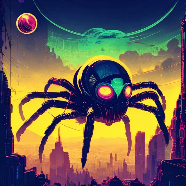 Prompt: Retro futurism styled spider, Comic style, misc-grunge, heavily detailed, unique universe, concept art, neon color hues, magical world, bright uplifting tones, dynamic lighting, professional, highres, ultra-detailed, retro-futurism, comic style, dynamic lighting, unique concept, misc-grunge, detailed feathers, atmospheric clouds, urban setting