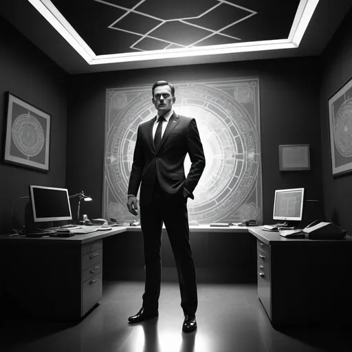 Prompt: an illustration, a government agent in black and white room, full body, sharp lighting, highest quality, ultra sharp, ffffound, ultra detailed, magical universe, Dynamic pose, misc-geometric