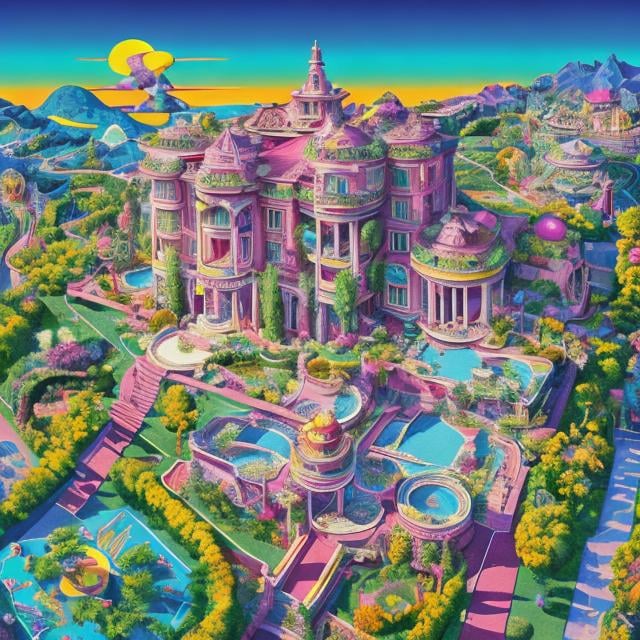 Prompt: Full color illustration, a mega mansion with garages and guests homes from an aerial view, in the style of 60s kitsch and psychedelia, sharp lighting, highest quality, ultra sharp, ffffound, ultra detailed, magical universe, Dynamic pose, bright and uplifting color hues, misc-geometric