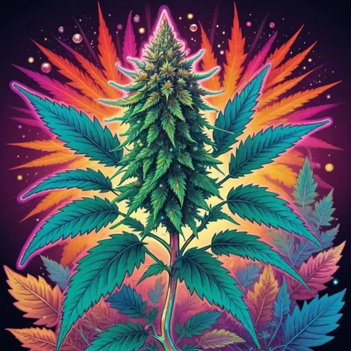 Prompt: Full color illustration, A psychedelic marijuana plant with glowing crystals on it, in the style of 60s kitsch and psychedelia, full body, sharp lighting, highest quality, ultra sharp, ffffound, ultra detailed, magical universe, Dynamic pose, bright and uplifting color hues, misc-geometric