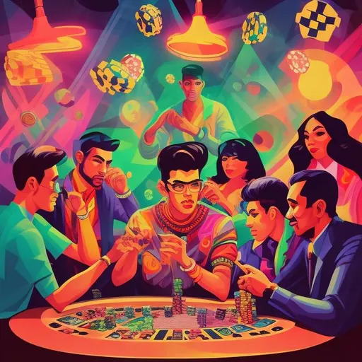 Prompt: Full color illustration, A group of multi cultural people trading at a poker table, style of 60s kitsch and psychedelia, sharp lighting, highest quality, ultra sharp, ffffound, ultra detailed, magical universe, Dynamic pose, bright and uplifting color hues, misc-geometric