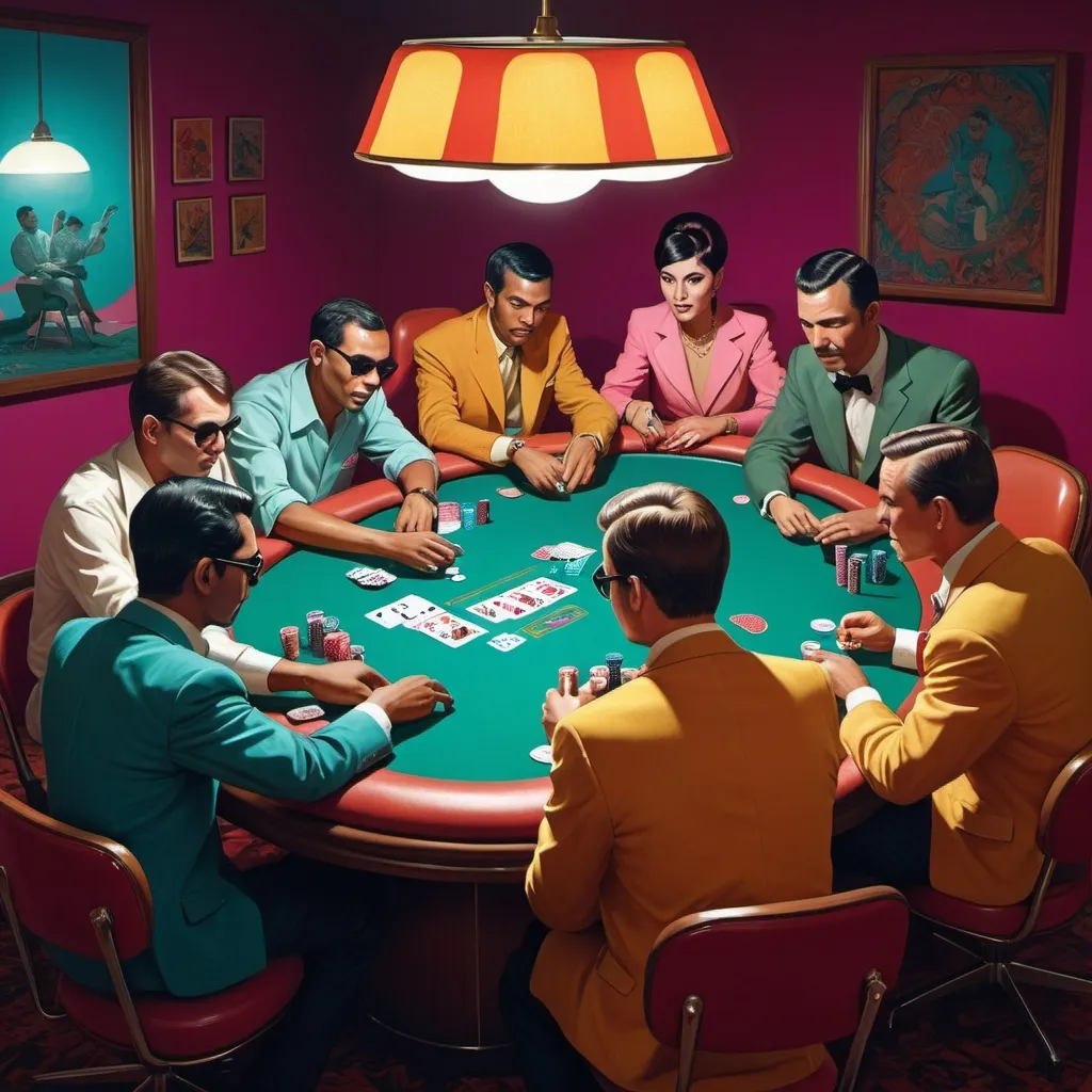 Prompt: Full color illustration, A group of multi cultural people trading at a poker table, style of 60s kitsch and psychedelia, sharp lighting, highest quality, ultra sharp, ffffound, ultra detailed, magical universe, Dynamic pose, bright and uplifting color hues, misc-geometric