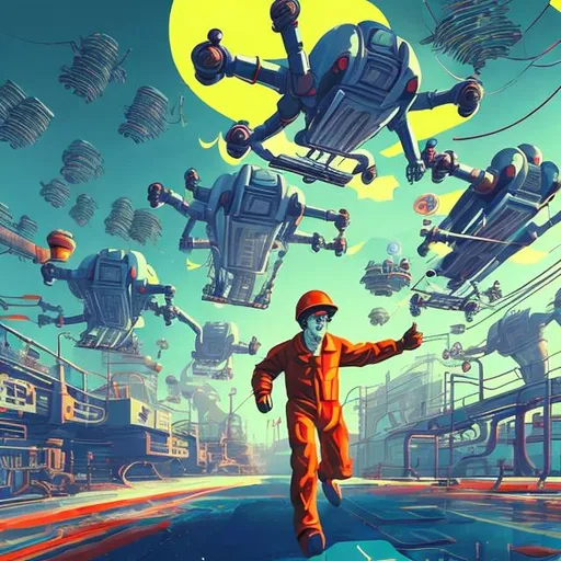 Prompt: retro futurism factory worker being chased by flying robots made of mostly glass, Comic style, heavily detailed, concept art, unique universe, Primary color hues, magical world, fluffy clouds, bright uplifting tones, dynamic lighting