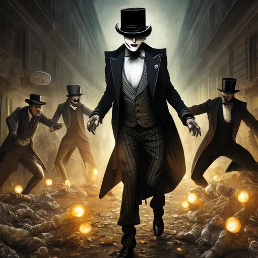 Prompt: man with top hat being chased by a man wrapped in bandages like a mummy, dynamic pose, misc-goth, very detailed, elegant, ornate, ultra detailed, misc-grunge,  32k, fantasy art, Still-Life, Warm Color Palette,  Glowing, Rays of Shimmering Light, Moody Lighting