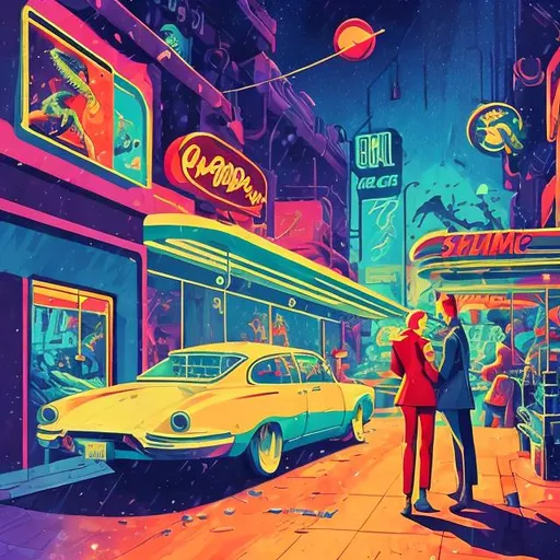Prompt: retro futurism styled alligator window shopping on the street, dynamic pose, Comic style, heavily detailed, concept art, unique universe, Primary color hues, magical world, bright uplifting tones, dynamic lighting, snowing heavily
