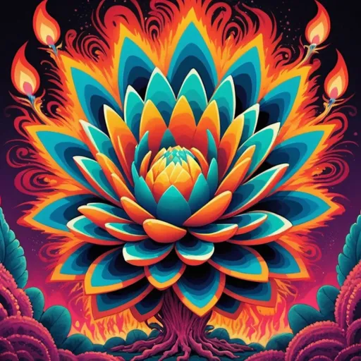 Prompt: Full color illustration, A psychedelic fire peyote plant, in the style of 60s kitsch and psychedelia, full body, sharp lighting, highest quality, ultra sharp, ffffound, ultra detailed, magical universe, Dynamic pose, bright and uplifting color hues, misc-geometric