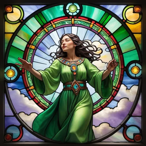 Prompt: Monet-style, stained glass, dynamic aztec resident casting a spell and opening a green portal, dynamic pose, magical world, stained glass,  bright and uplifting primary color hues, fluffy clouds, dynamic lighting, ultra-detailed, professional, misc-nostalgic, Monet-styled