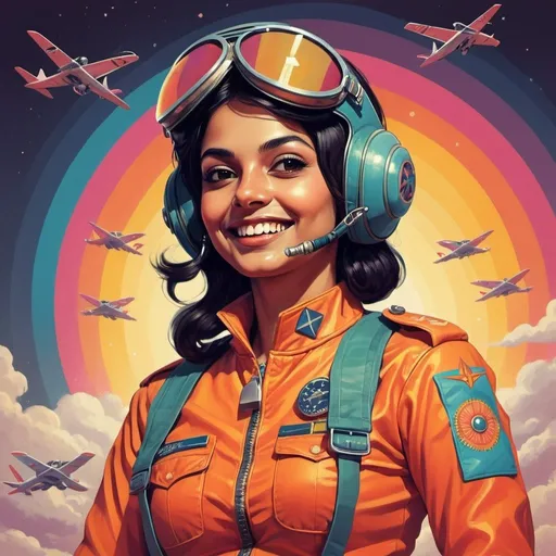 Prompt: Full color illustration, A hindu fighter pilot woman happy, style of 60s kitsch and psychedelia, full body, sharp lighting, highest quality, ultra sharp, ffffound, ultra detailed, magical universe, Dynamic pose, bright and uplifting color hues, misc-geometric