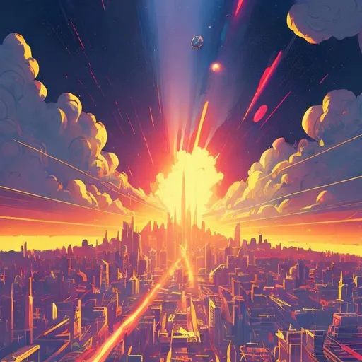 Prompt: a meteor lighting up the sky in a retro futurism styled city skyline, dynamic pose, Comic style, heavily detailed, concept art, unique universe, Primary color hues, magical world, bright uplifting tones, dynamic lighting, snowing heavily

