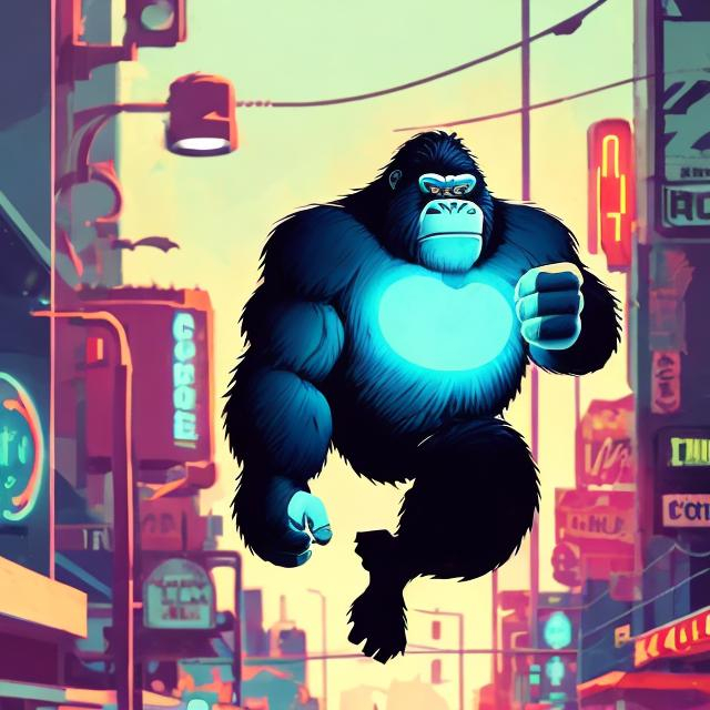 Prompt: retro futurism styled gorilla swinging from light fixtures on a busy street, dynamic pose, Comic style, heavily detailed, concept art, unique universe, Primary color hues, magical world, bright uplifting tones, dynamic lighting, 
