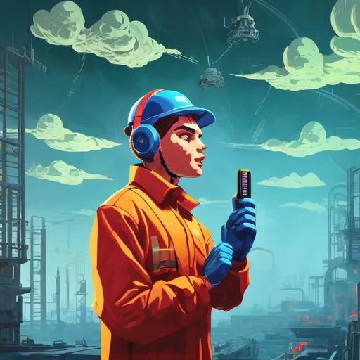Prompt: retro futurism factory worker pleading over a walkie talkie, dynamic pose, Comic style, heavily detailed, concept art, unique universe, Primary color hues, magical world, bright uplifting tones, dynamic lighting, dark weather clouds approaching from a distance