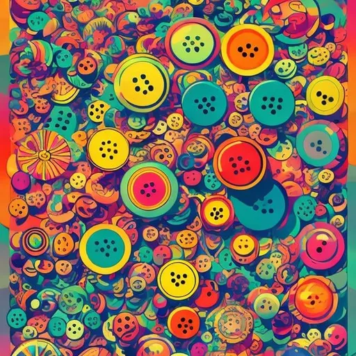 Prompt: Full color illustration, a psychedelic sheet of candy buttons on paper, in the style of 60s kitsch and psychedelia, full body, sharp lighting, highest quality, ultra sharp, ffffound, ultra detailed, magical universe, Dynamic pose, bright and uplifting color hues, misc-geometric