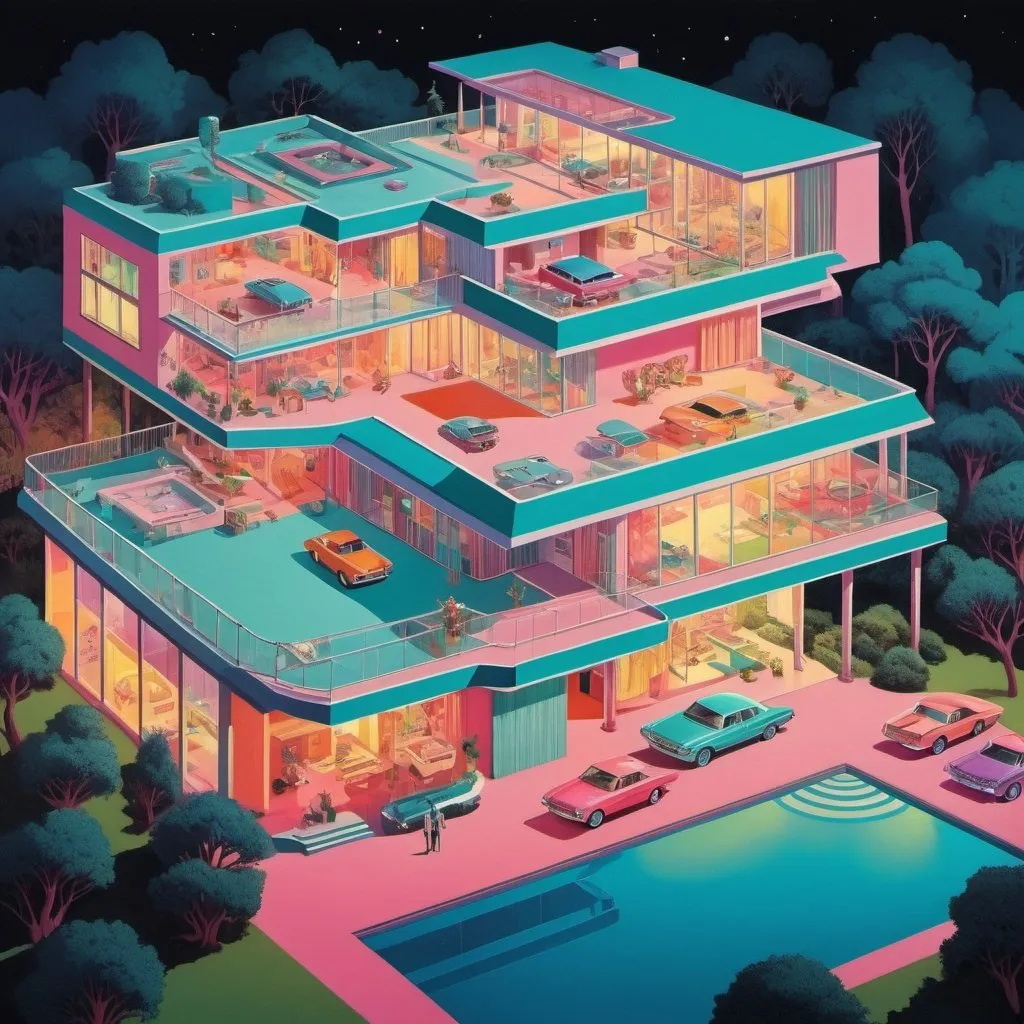 Prompt: Full color illustration, a mega mansion with garages and guests homes from an aerial view, in the style of 60s kitsch and psychedelia, sharp lighting, highest quality, ultra sharp, ffffound, ultra detailed, magical universe, Dynamic pose, bright and uplifting color hues, misc-geometric