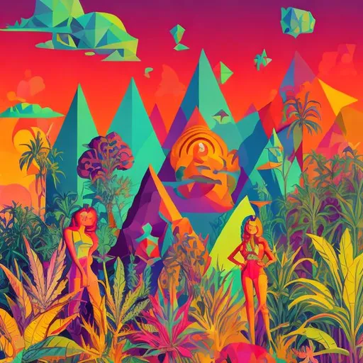 Prompt: Full color illustration, A group of multi cultural people in a field of giant psychedelic marijuana plants, style of 60s kitsch and psychedelia, sharp lighting, highest quality, ultra sharp, ffffound, ultra detailed, magical universe, Dynamic pose, bright and uplifting color hues, misc-geometric