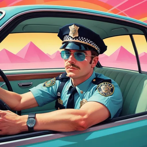 Prompt: Full color illustration, a police officer sleeping heavily in a car, arm out the car window, in the style of 60s kitsch and psychedelia, sharp lighting, highest quality, ultra sharp, ffffound, ultra detailed, magical universe, Dynamic pose, bright and uplifting color hues, misc-geometric