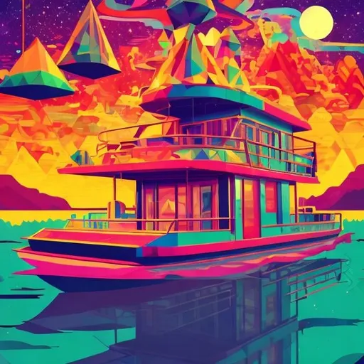 Prompt: Full color illustration, a house boat on a lake, in the style of 60s kitsch and psychedelia, sharp lighting, highest quality, ultra sharp, ffffound, ultra detailed, magical universe, Dynamic pose, bright and uplifting color hues, misc-geometric