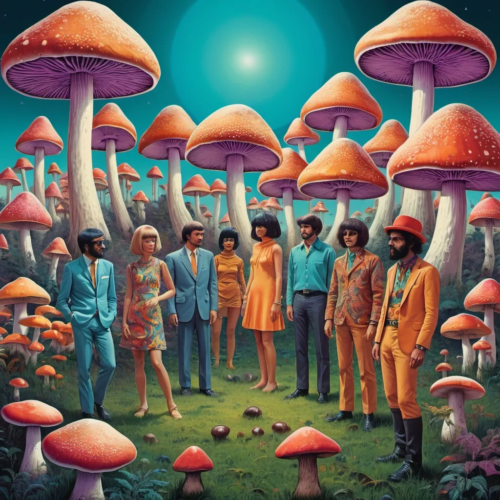 Prompt: Full color illustration, A group of multi cultural people in a field of giant psychedelic mushrooms, style of 60s kitsch and psychedelia, sharp lighting, highest quality, ultra sharp, ffffound, ultra detailed, magical universe, Dynamic pose, bright and uplifting color hues, misc-geometric