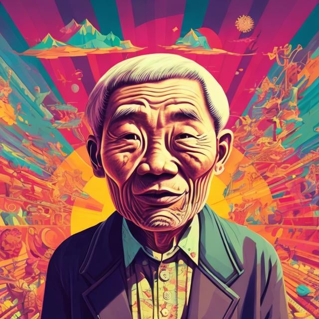 Prompt: Full color illustration, A wrinkly old asian man, in the style of 60s kitsch and psychedelia, sharp lighting, highest quality, ultra sharp, ffffound, ultra detailed, magical universe, Dynamic pose, bright and uplifting color hues, misc-geometric