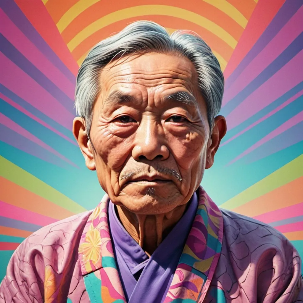 Prompt: Full color illustration, A wrinkly old asian man, in the style of 60s kitsch and psychedelia, sharp lighting, highest quality, ultra sharp, ffffound, ultra detailed, magical universe, Dynamic pose, bright and uplifting color hues, misc-geometric