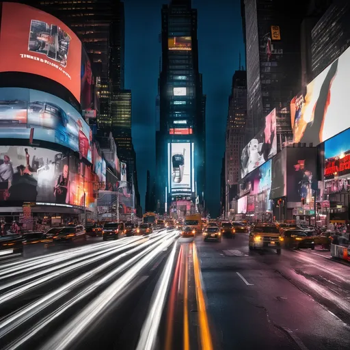 Prompt: times square at night with traffic, captured with long exposure photography Nikon D850 DSLR camera f/4. ISO 200