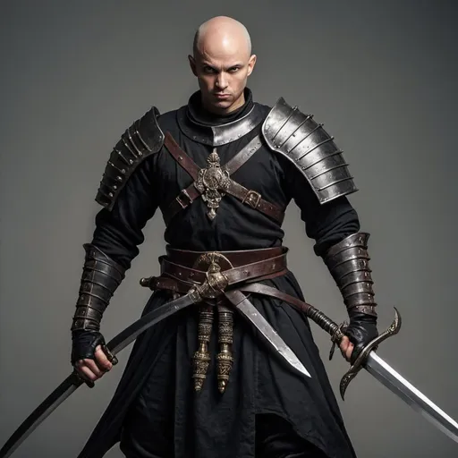 Prompt: Black bald headed warrior with scimitar swords