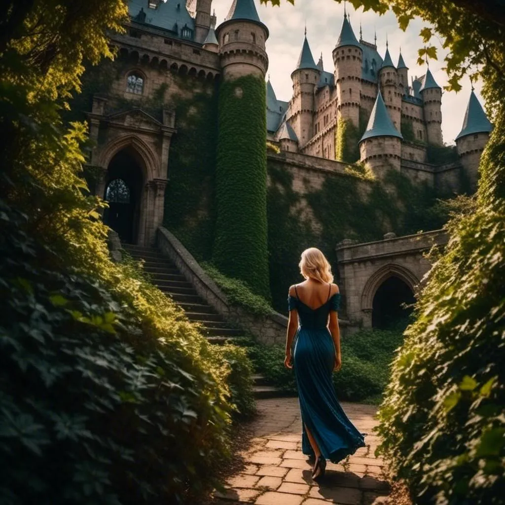 Prompt: <mymodel> a woman with a blonde longbob and in a blue dress is walking down a path with ivy growing on the walls behind her and a castle in the background, Charlie Bowater, fantasy art, epic fantasy character art, a detailed photograph