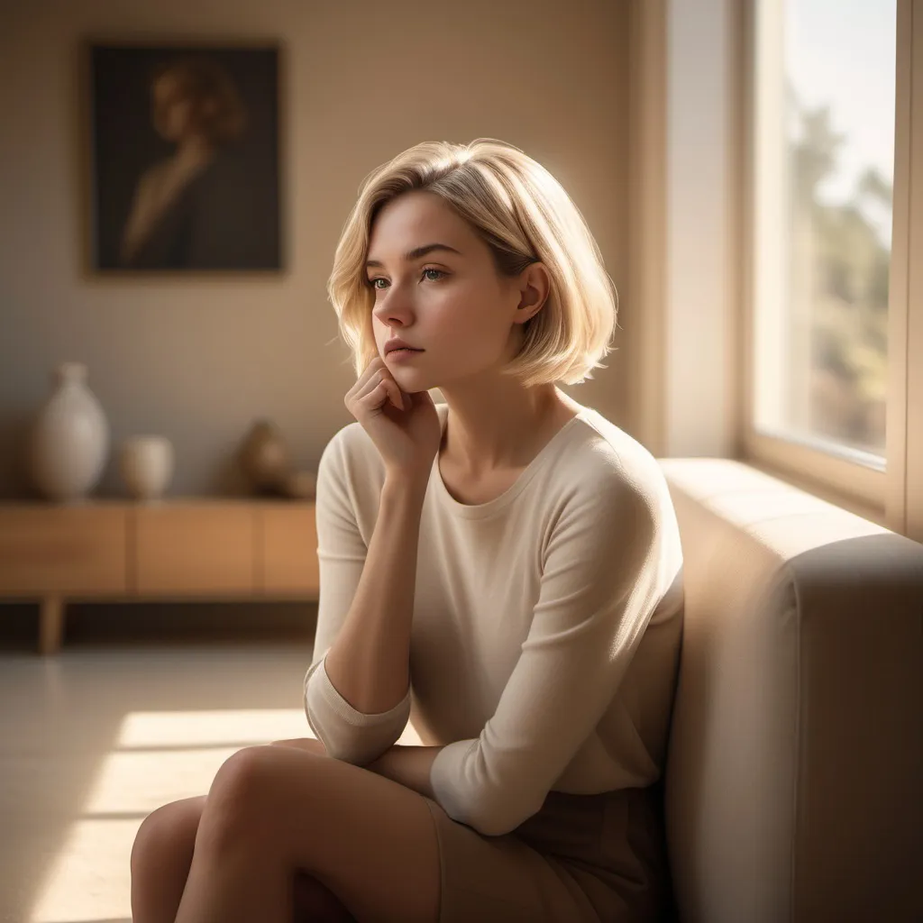 Prompt: photorealistic, (introspective) woman with blonde longbob seated in (thinker pose), soft natural lighting, warm tones, delicate shadows enhancing features, comfortable room ambiance, modern interior with minimalistic decor, inviting atmosphere, high resolution, ultra-detailed image, emphasizing deep thought and contemplation.