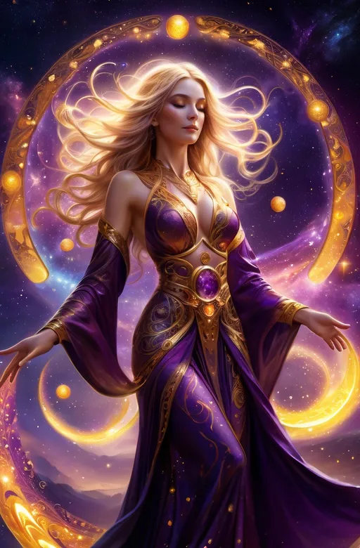 Prompt: (sunfire mage woman), (ethereal magic), flowing robes adorned with celestial patterns, vivid colors of deep purple and shimmering gold, starlit sky in the background, vibrant cosmic energy swirling around her hands, strong yet graceful pose, surrounded by floating orbs of light, mystical ambiance, enchanting atmosphere, high detail, 4K, ultra-detailed artwork.