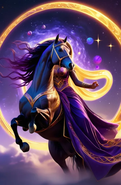 Prompt: (sunfire mage horse/woman), (ethereal magic), flowing robes adorned with celestial patterns, vivid colors of deep purple and shimmering gold, horse/human, starlit sky in the background, vibrant cosmic energy swirling around her hands, strong yet graceful pose, surrounded by floating orbs of light, mystical ambiance, enchanting atmosphere, high detail, 4K, ultra-detailed artwork.