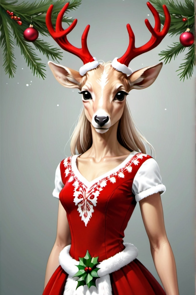 Prompt: slender Female, humantaur, Doe in a christmas dress, doe head, very detailed,