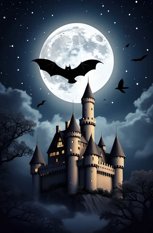 Prompt: animal, bat, bird, building, castle, city, cloud, crescent moon, crow, flying, full moon, moon, night, night sky, no humans, outdoors, scenery, sky, star \(sky\), starry sky, tower, tree