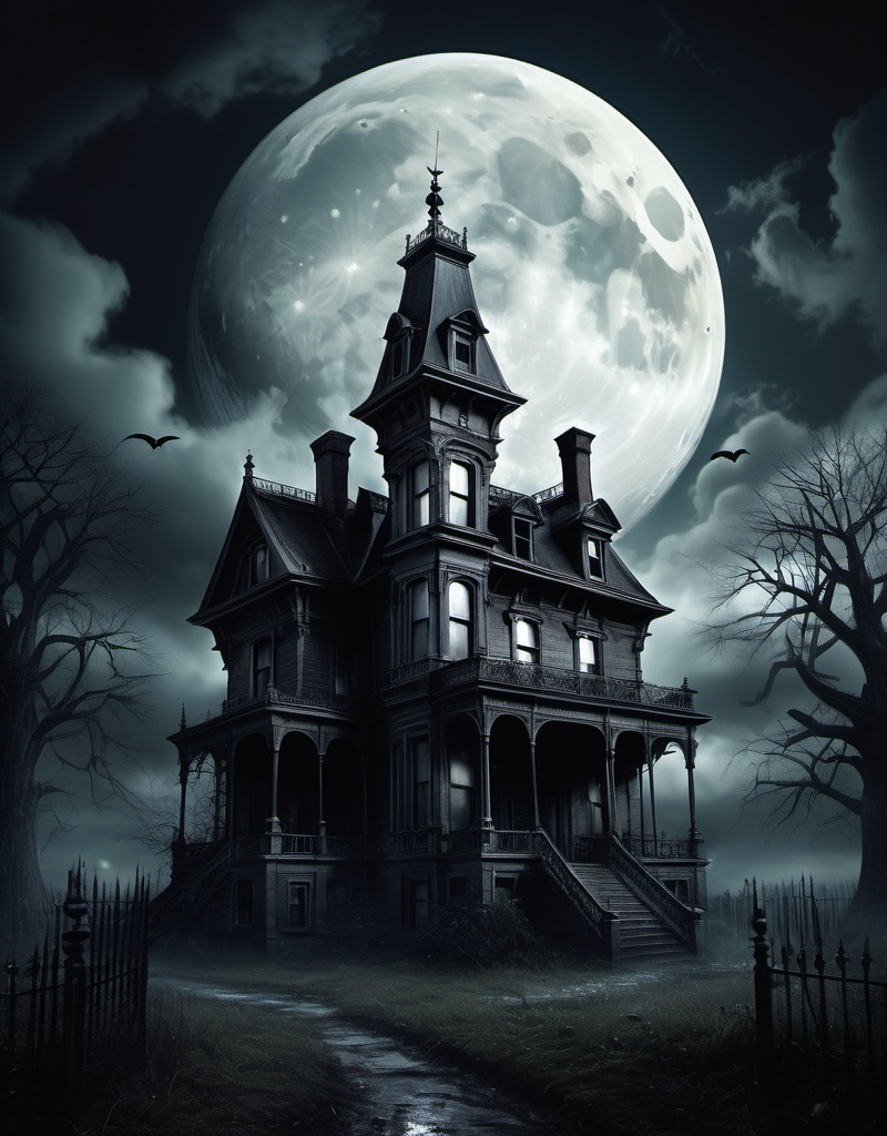 Prompt: a creepy house with the moon covered by clouds, a detailed matte painting by Minerva J. Chapman, tumblr, gothic art, gothic mansion, victorian house, spooky mansion, background of resident evil game, ultra detailed haunted house, victorian gothic, haunted house, creepy and eerie athmosphere, gloom haven, realistic. dark atmosphere, detailed and creepy, victorian manor