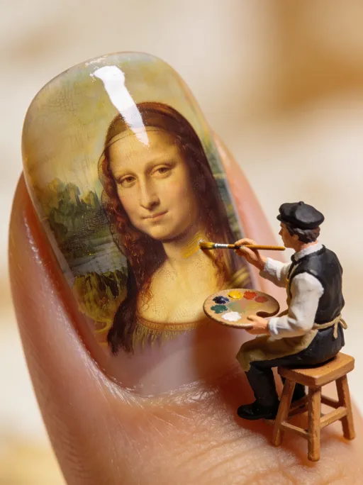 Prompt: A close-up, hyper-realistic photograph of a tiny artist sitting on a stool and painting a [subject] on a giant human fingernail. The miniature painter holds a round palette and a thin brush, carefully recreating the soft lighting and detailed brushwork of the classic masterpiece. The nail surface is smooth and glossy, and the background is softly blurred to emphasize the intricate scene.