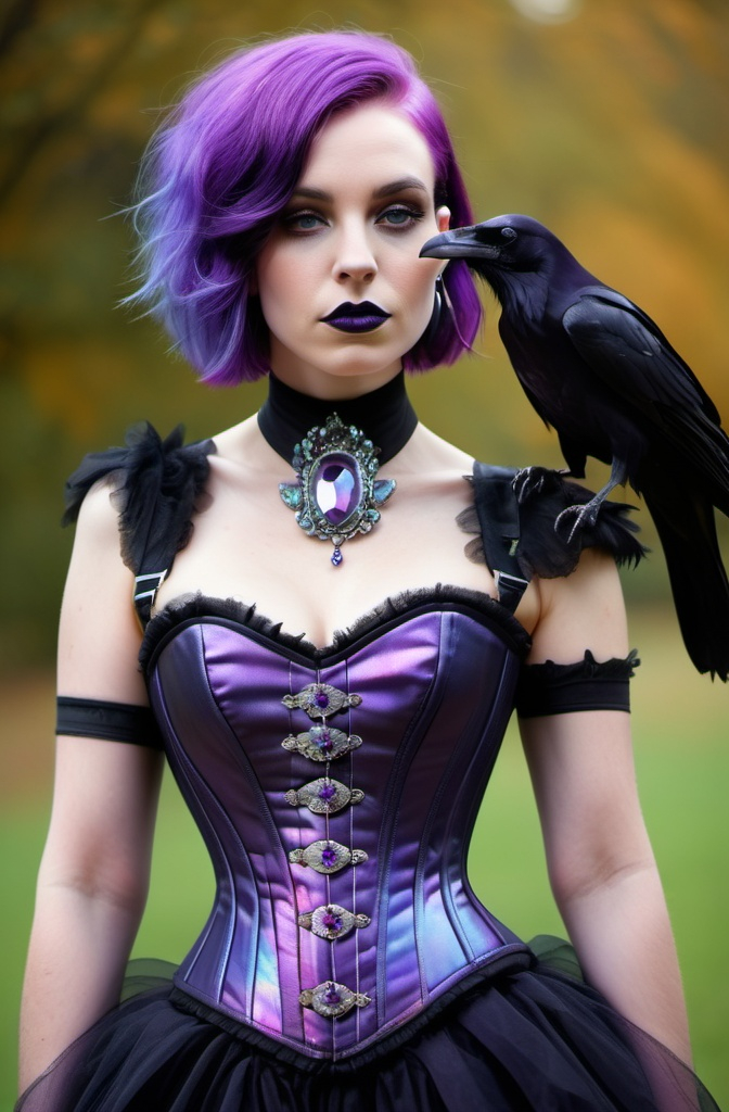 Prompt: 
Purple hair. Iridescent corset. Raven on shoulder. Large amethyst brooch