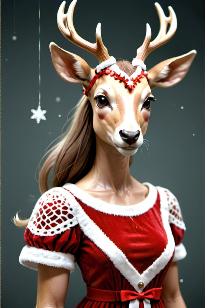 Prompt: slender Female, humantaur, Doe in a christmas dress, doe head, very detailed,