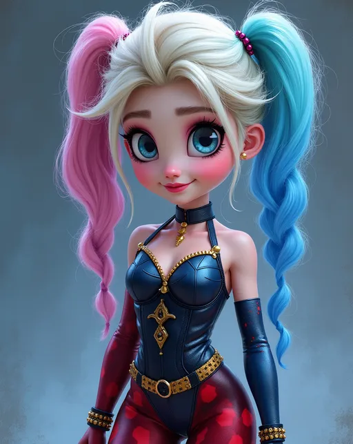 Prompt: breathtaking oil painting, A breathtaking 4K digital painting of a playful crossover between the worlds of Frozen and DC Comics, featuring a vividly animated and rebellious version of Disney's Queen Elsa. With a painterly touch reminiscent of Ilya Kuvshinov's masterful brushstrokes, Elsa is captured in a close-up, highly detailed portrait that seamlessly merges the softness of her original character with the edgy charm of Harley Quinn. She stands out with a stark, half-and-half hair color one side electric pink, the other electric blue divided by a bold white streak. Her eyes are large and circular with an innocent spark, yet hold the mischief of Harley, framed by dramatic black eyeliner and red shadow that complements her enchanting blue gaze. Dressed in an ingenious fusion of her royal blue palette and Harley's iconic red and black, the costume boasts a corset-like top adorned with golden diamonds, a flirty short skirt, and red and black leggings with a distinctive diamond pattern that hugs her legs playfully. On her feet, she flaunts a pair of stylish slip-on shoes with a red and black color scheme and a white diamond motif, giving a nod to Harley's fashion sense while maintaining a touch of Queen-like elegance. The headband she wears is a whimsical blend of her own charm and Harley's rebellious spirit, with a diamond pattern and long, colorful ribbons trailing behind her. Her pose is confident and adventurous, one foot resting upon a toy mallet, symbolizing her embrace of Harley's playful yet daring nature. The background is an intriguing blend of Arendelle's icy realm and the lively streets of Gotham City, creating a cinematic bokeh effect that adds depth and dimension to the scene. This digital masterpiece captures the essence of Elsa's spirit with a rebellious twist, inviting viewers to imagine an exhilarating adventure where the worlds of Disney and DC collide., photorealistic oil painting, by charlie bowater, fine details, by wlop, trending on artstation, very detailed