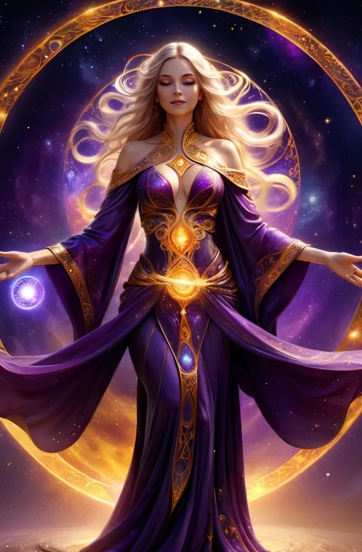 Prompt: (sunfire mage woman), (ethereal magic), flowing robes adorned with celestial patterns, vivid colors of deep purple and shimmering gold, starlit sky in the background, vibrant cosmic energy swirling around her hands, strong yet graceful pose, surrounded by floating orbs of light, mystical ambiance, enchanting atmosphere, high detail, 4K, ultra-detailed artwork.