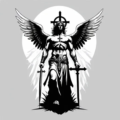 Prompt: a cross in front of angelic warrior with white background for diffrent t shirt design
