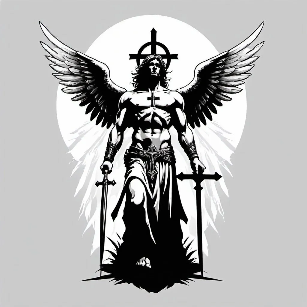 Prompt: a cross in front of angelic warrior with white background for diffrent t shirt design
