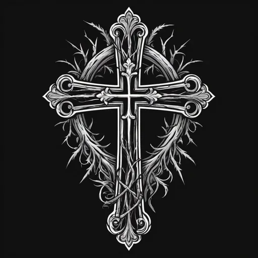 Prompt: a cross wtih hanging thorn crown in the cross for t shirt design
