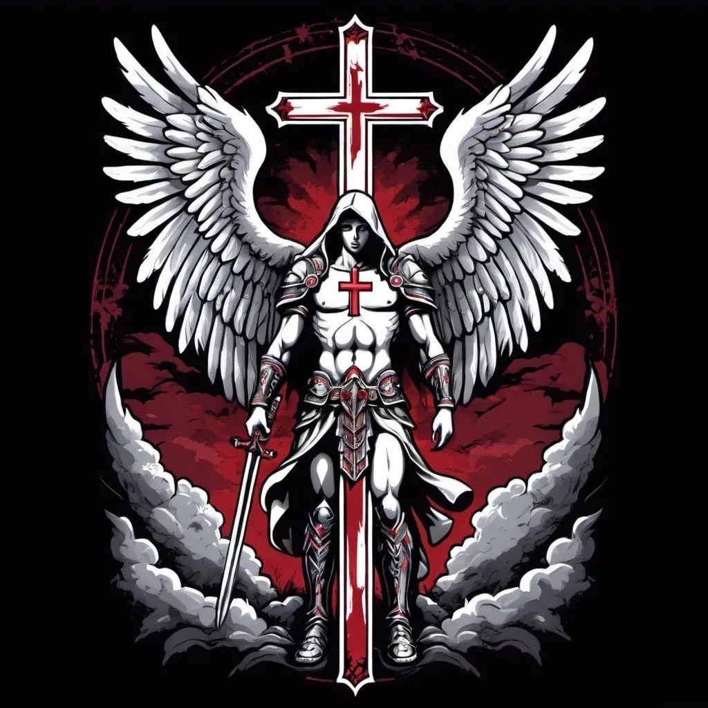 Prompt: a cross in front of angelic warrior for t shirt design
